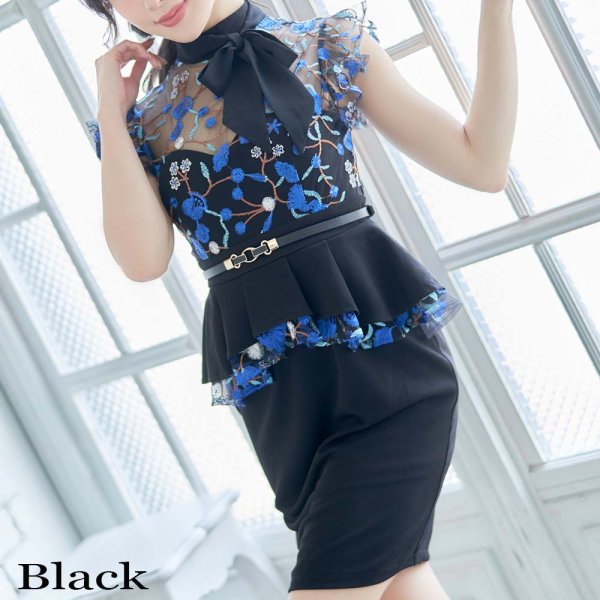 画像7: 刺繍レース ネックリボン ペプラムデザイン シースルー ベルト付き キャバドレス ミニドレス (7)