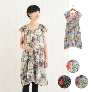 大きいサイズ ボタニカルフラワー柄 シフォンワンピース