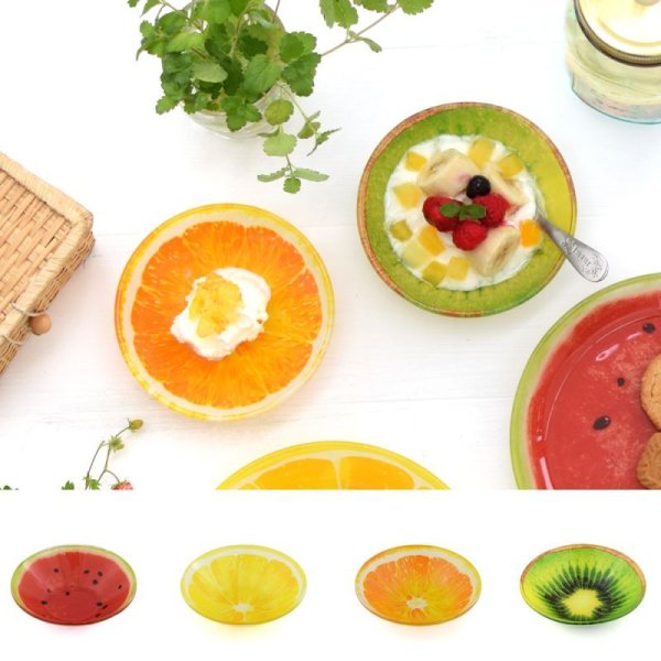 画像1: 果物デザイン ガラスミニボウル ジューシー カットフルーツ  食器 プレート お皿 可愛い キッチン雑貨 ６枚セット (1)