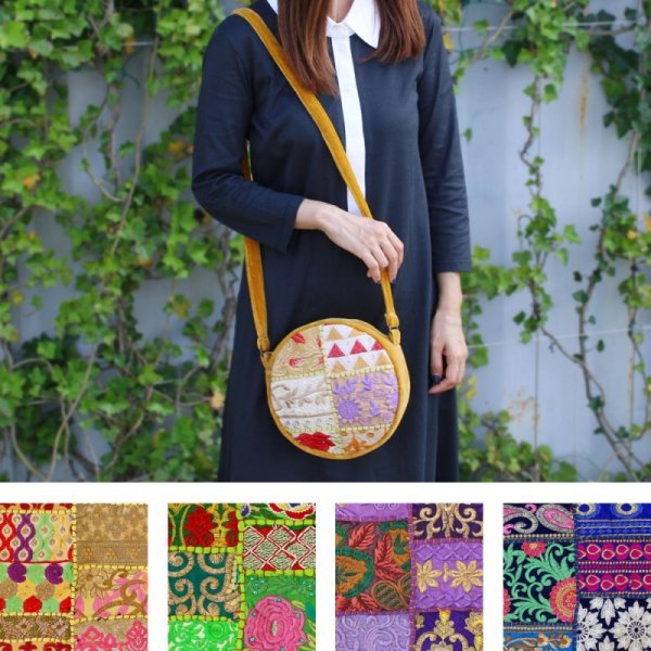 画像1: カンバディアパッチ×ベルベット 丸型 ショルダーバッグインド伝統柄 キラキラ刺繍 スパンコール エキゾチック 鞄  (1)