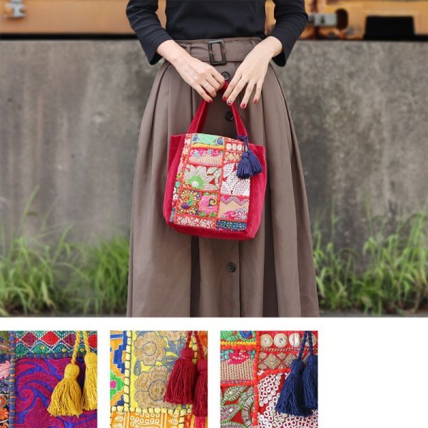 画像1: カンバディア ミニトートバッグ インド伝統柄 キラキラ刺繍 スパンコール エキゾチック 鞄  (1)