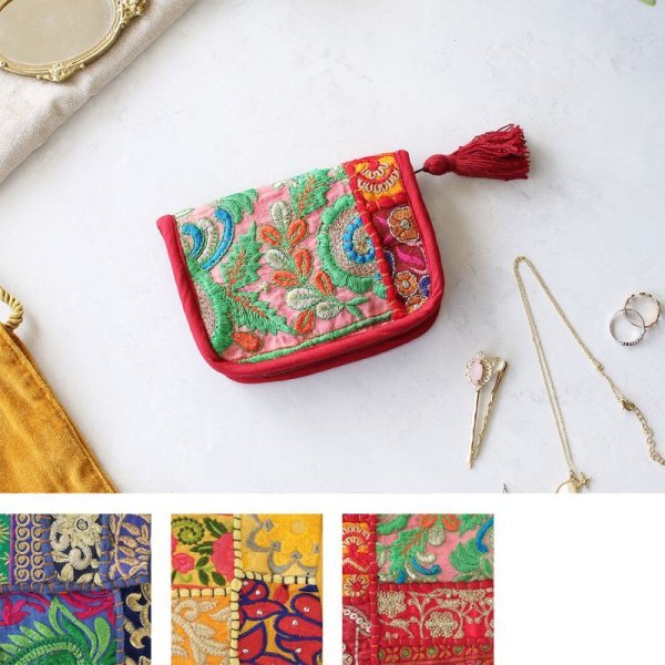 画像1: カンバディア アクセポーチ 小物入れ インド伝統柄 キラキラビーズ スパンコール 華やか刺繍 エキゾチック アジアン (1)