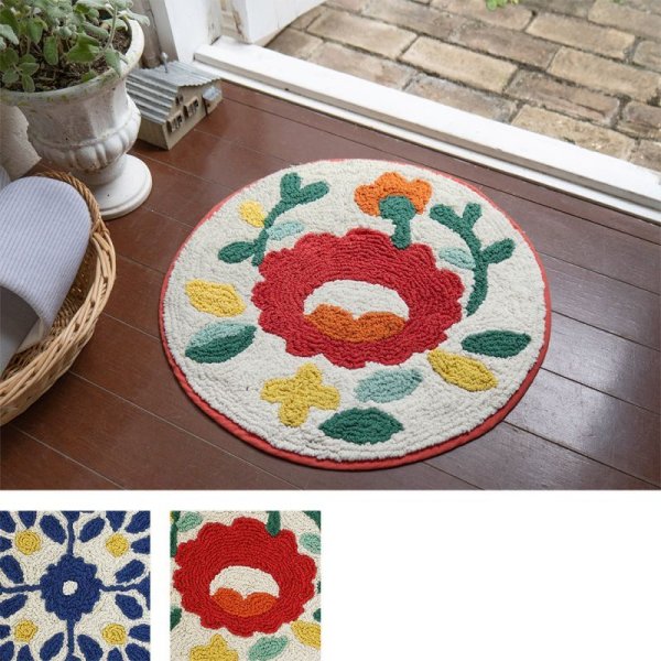 画像1: メキシコ 伝統的マット タラベラ陶器 プエブラ刺繍 円形 フロアマット リビング 玄関マット 小ぶりマット (1)