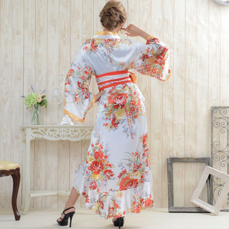 花魁風 帯付き 総和柄 サテン着物 裾フリル ロングドレス 衣装
