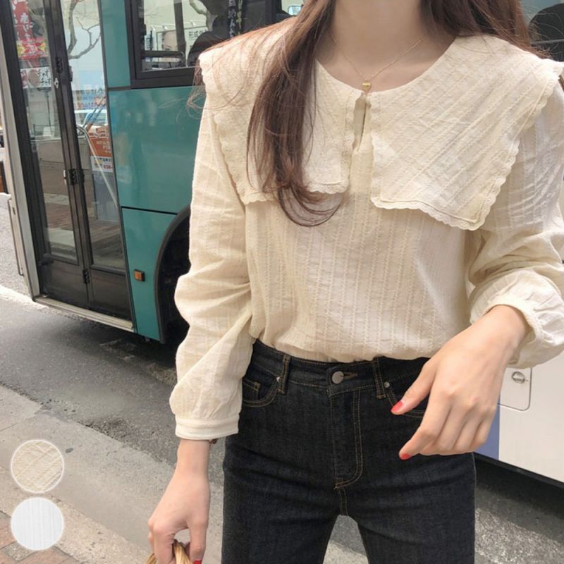 かわいい シャツ トップス 韓国ファッション セーラー襟 ブラウス ラッフルブラウス 長袖 可愛い 通勤