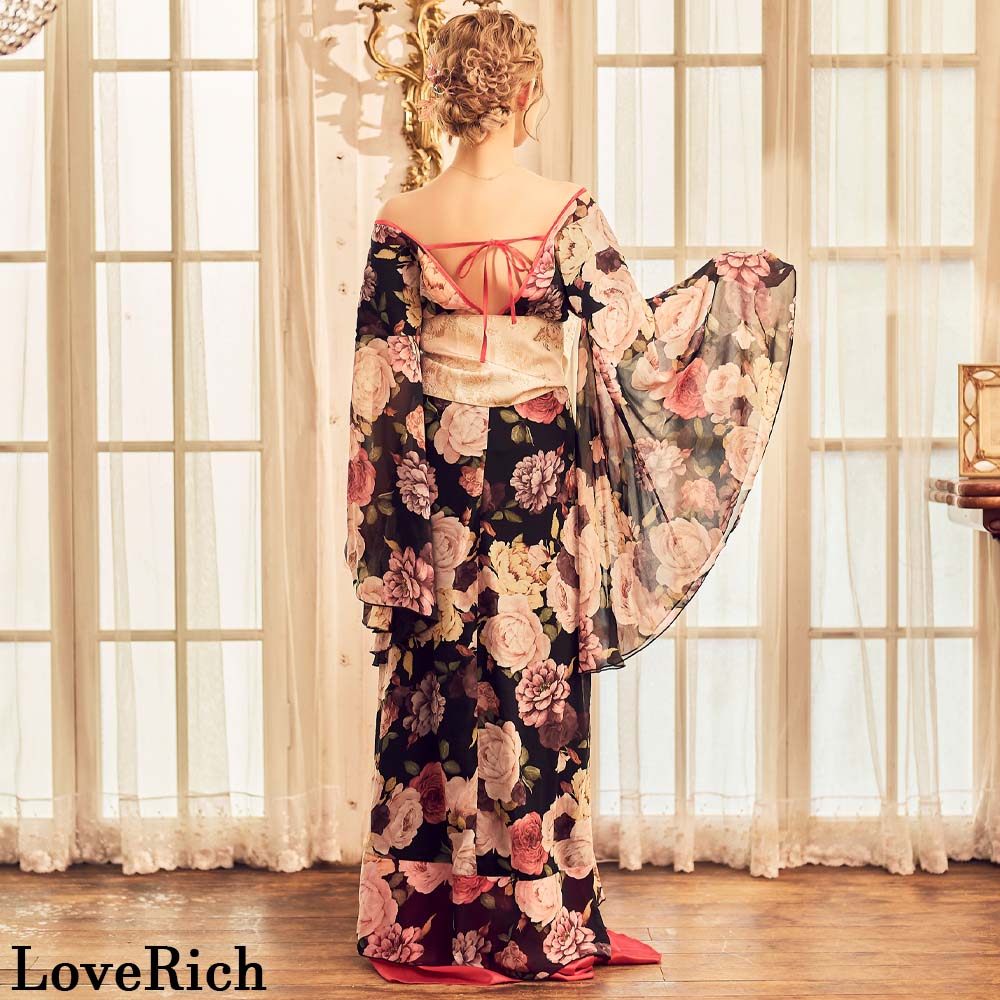 豪華絢爛 花魁着物ドレス フリル 花柄 帯付き リボン ロングドレス 